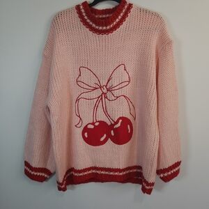 Pink Lily Cherry Bow oversized Sweater - Pink and Red